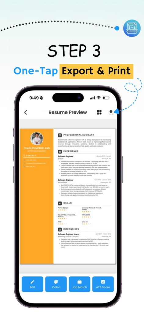 ResAI app interface showing a professional resume preview with one tap export and print options