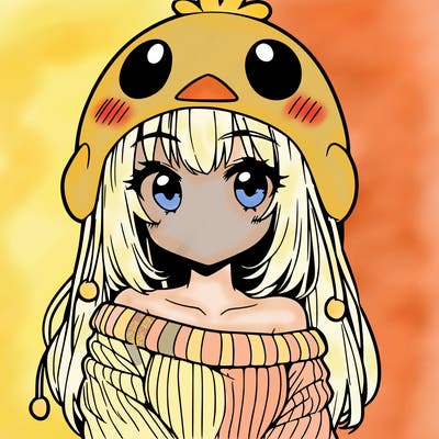 anime girl with chick shaped hat with sweater with bare shoulders with bangs covering them one eye with low tail