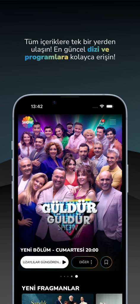 The home screen of the Show TV mobile app showcasing Turkish TV shows and dramas