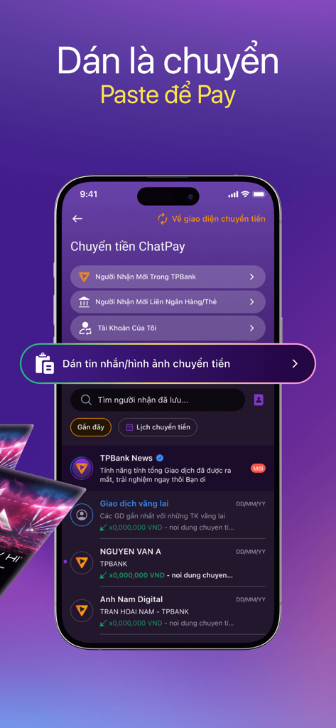 TPBank Mobile - TPBank Mobile app interface showing the ChatPay screen with the Paste to Pay feature for quick money transfers