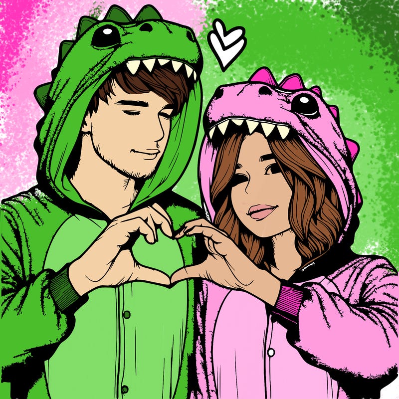 realistic couple wearing matching dinosaur onesies with heart hand gesture