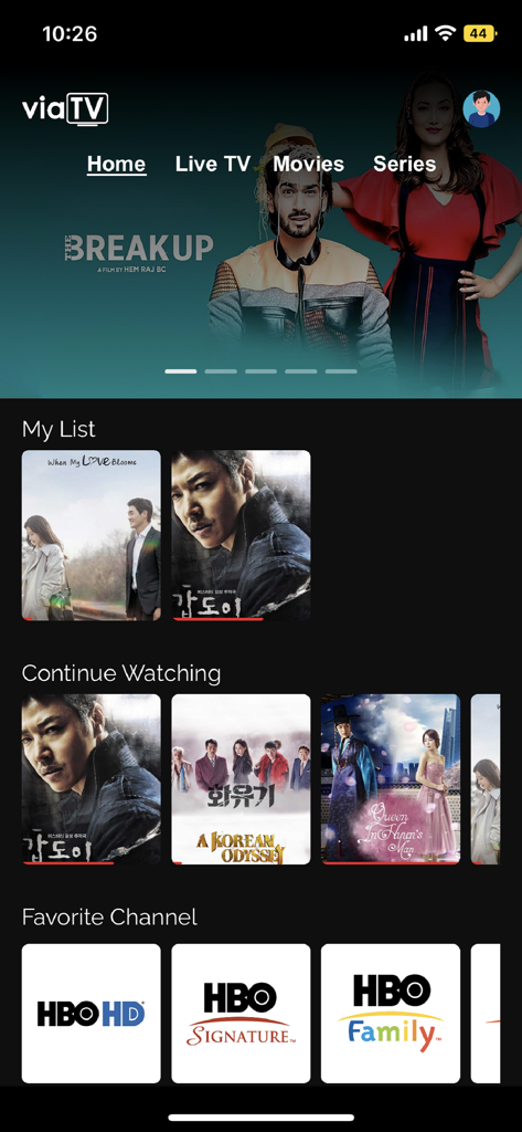 Via TV app home screen interface displaying featured movies and favorite channels