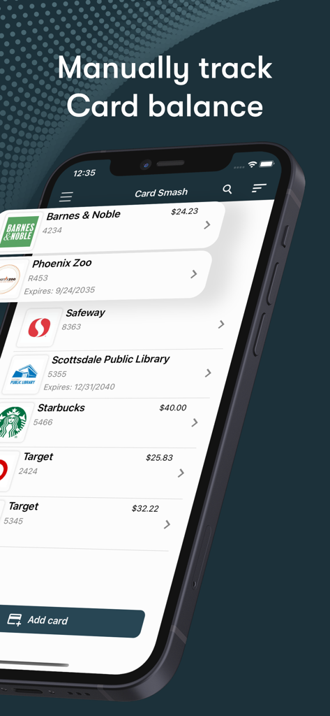 Card Manager: Digital Wallet - Screenshot of the Card Manager app displaying a list of digital cards with their current manual balances