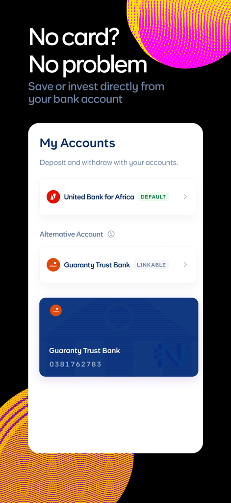 A mobile interface of the Cowrywise app showing linked Nigerian bank accounts for direct savings and investment