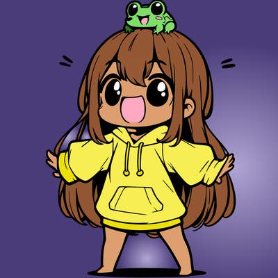 a excited chibi girl whith long hair and a baggy shirt whith a frog on there head