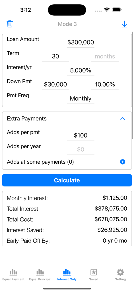 Loan Calculator - Home Payment - Interface do aplicativo Calculadora de Empréstimo mostrando o cálculo apenas de juros com pagamentos extras