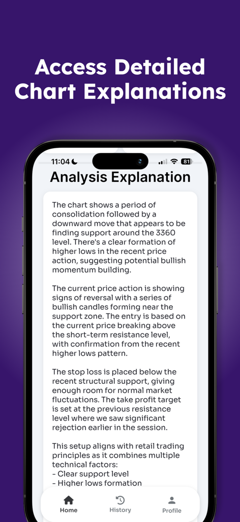 AI-generated detailed text explanation of a trading chart analysis in the Chartify app.