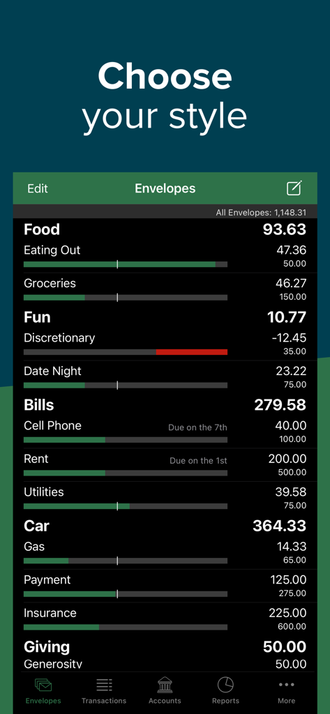 Goodbudget app interface showing virtual envelopes for food, bills, and fun categories with spending progress bars in dark mode.