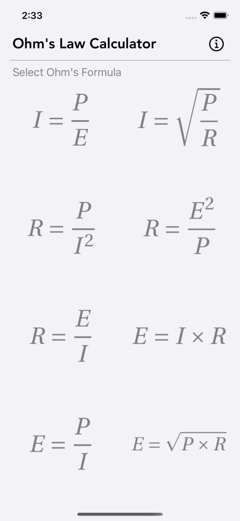 Ohm Law Calculator - Pantalla de la Calculadora Ley de Ohm mostrando varias fórmulas para calcular corriente, voltaje, resistencia y potencia
