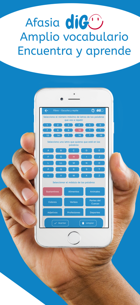 AFASIA diGO - Una mano sosteniendo un smartphone mostrando la pantalla de configuración de vocabulario y ejercicios en la app médica AFASIA diGO.