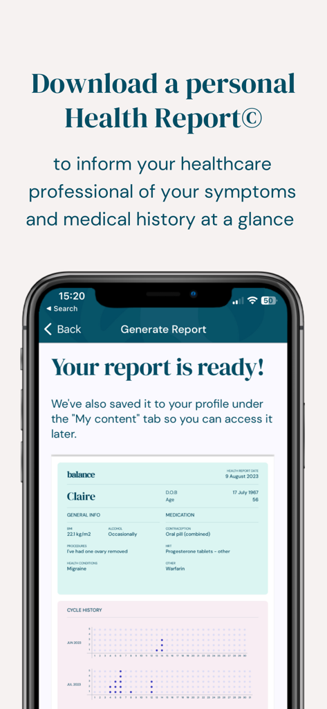 A smartphone screen showing a generated personal health report from the Balance menopause app