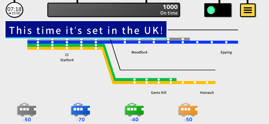 Una captura de pantalla del juego London Dispatcher que muestra un mapa de ruta ferroviaria del Reino Unido con estaciones e iconos de tren