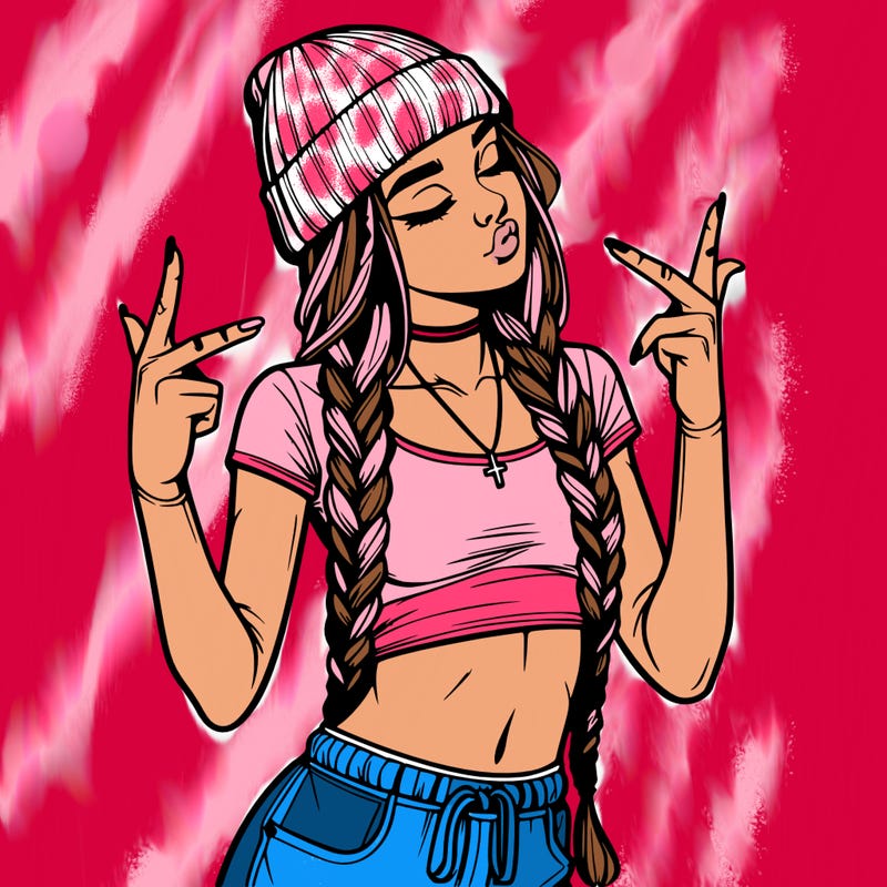 realistic teenage girl with braids and a beanie and crop top doing 🫶🏼