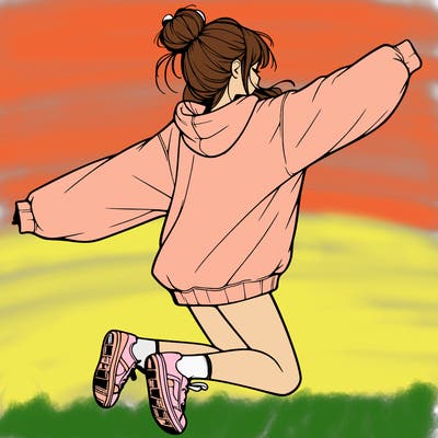 realistic girl jumping with a bun and oversized sweatshirt