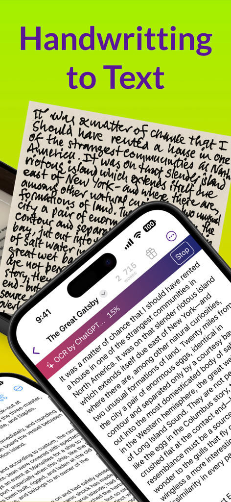 App Scanner Libri OCR che converte pagine di libri scritte a mano in testo digitale su iPhone.