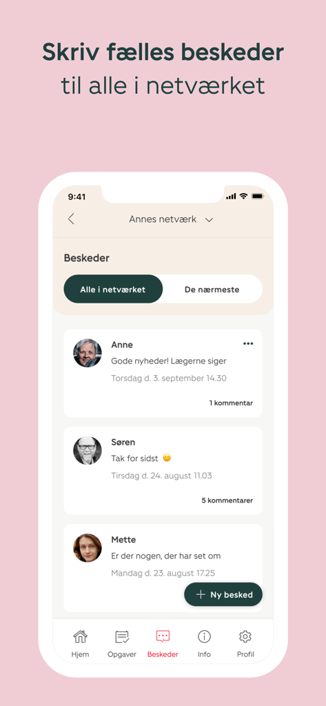 A screenshot of the Sammenholdet app showing a private message feed for a support network