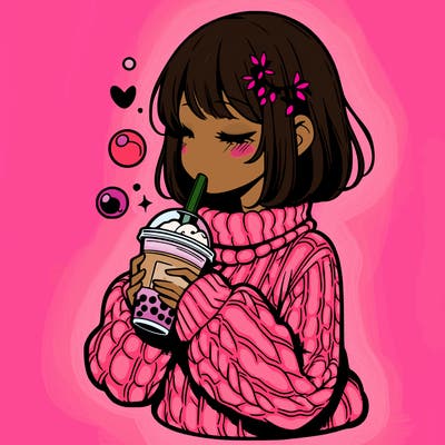 manga girl drinking boba in cozy sweater