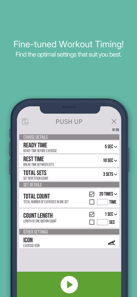 My Voice Counter : AI Trainer - Pantalla de configuración de entrenamiento personalizable para flexiones que muestra tiempo de preparación, tiempo de descanso y series totales