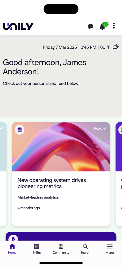 Unily Mobile home screen showing personalized employee feed
