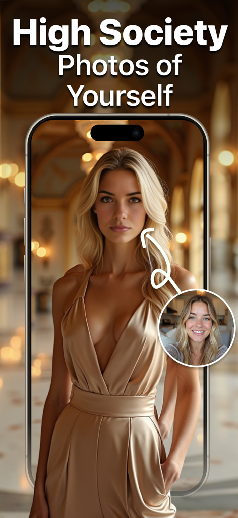 Reface AI: Swap Face & Photo - Eine Frau benutzt eine KI-Gesichtstausch-Funktion, um ihr Selfie in ein luxuriöses High-Society-Porträt in einem eleganten Ballsaal zu verwandeln.