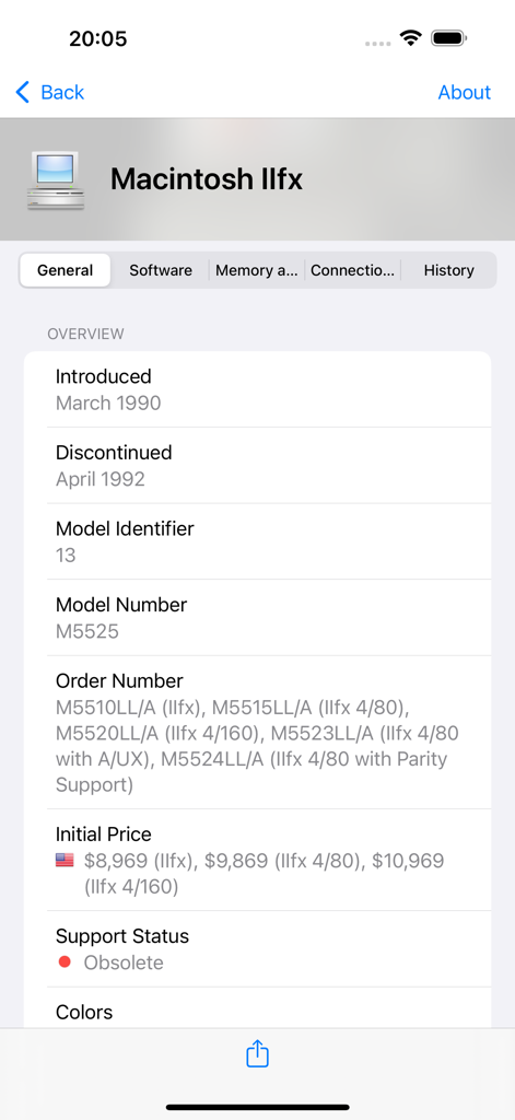 Detailed technical specifications for a Macintosh IIfx computer in the Mactracker app