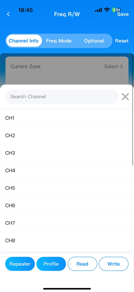 Mobile app interface for walkie-talkie frequency programming showing a list of channels from CH1 to CH8