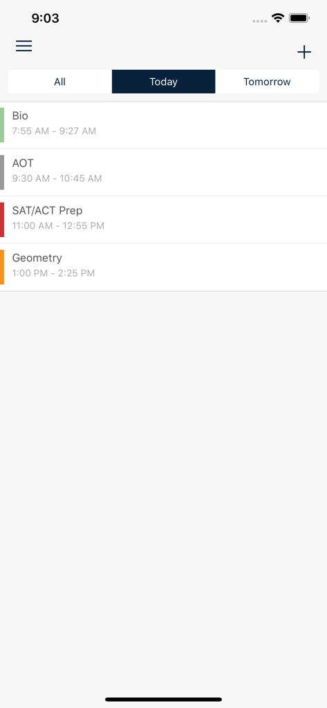 Vista del horario de clases diario en la app de agenda para estudiantes myHomework