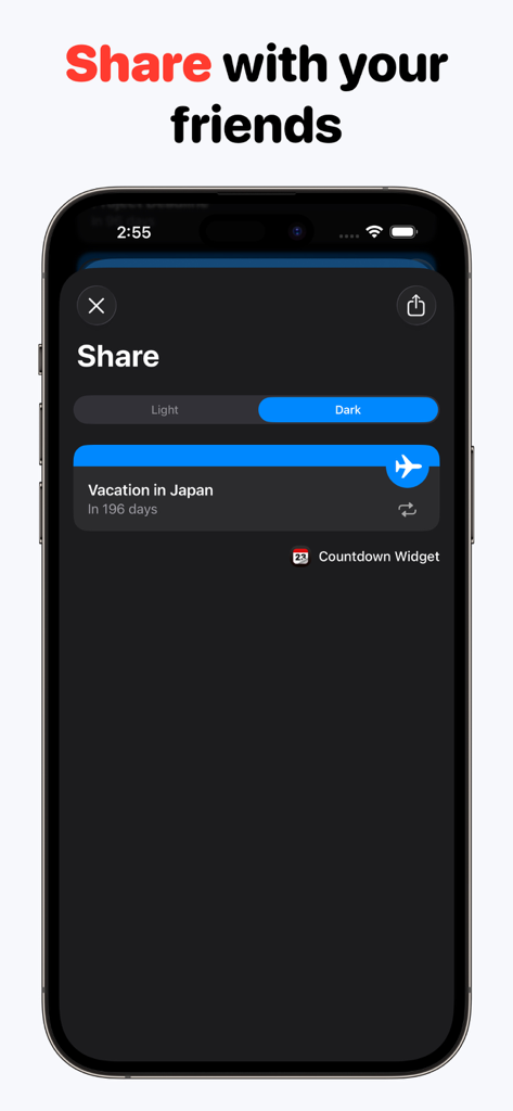 Countdown Widget: Day count - iPhone-Bildschirm, der die Freigabeschnittstelle für ein Urlaubs-Countdown-Ereignis im Dunkelmodus anzeigt.