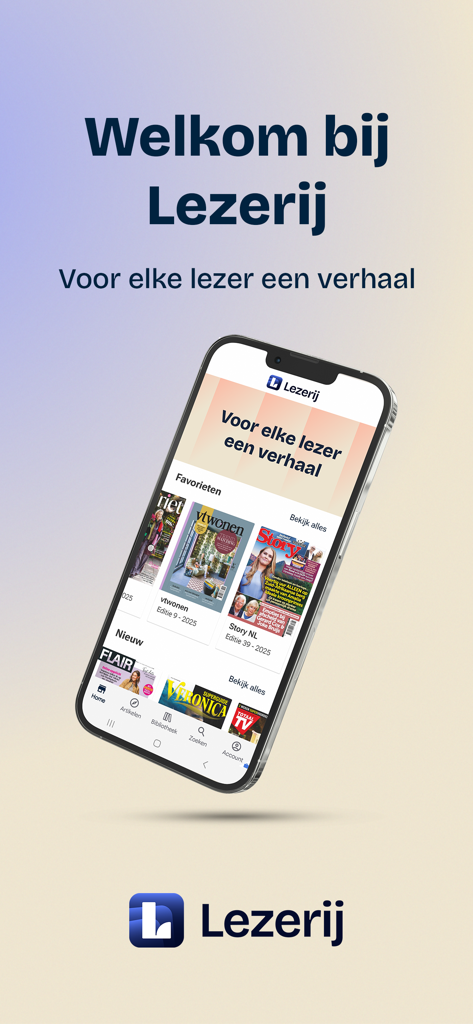 Welcome screen of Lezerij app displaying Dutch magazine covers on a smartphone