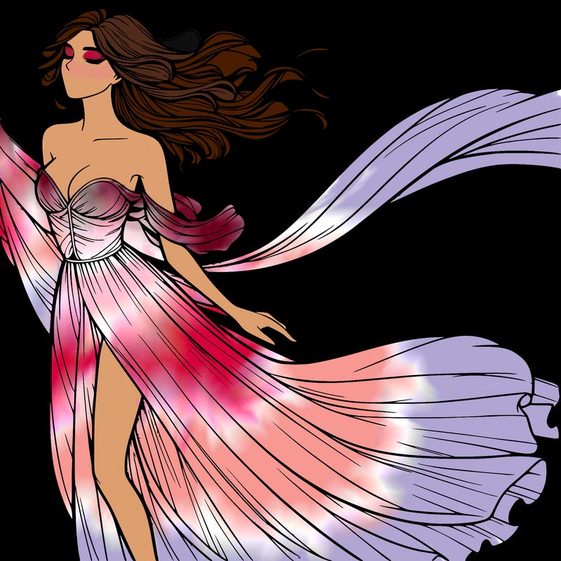 realistic woman in dress flowing the the wind