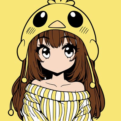 anime girl with chick shaped hat with sweater with bare shoulders with bangs covering them one eye with low tail