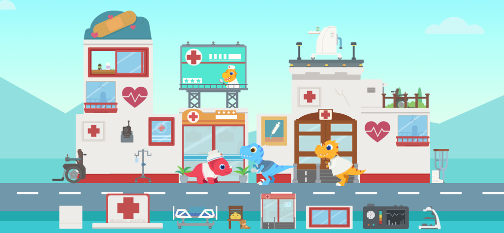 Colorful dinosaur hospital with dinosaur doctors and nurses.