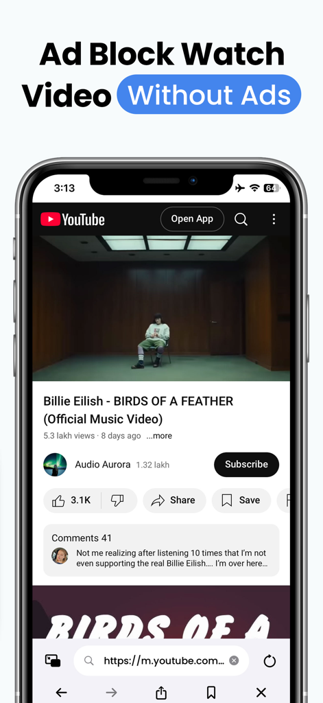 Mobile screenshot showing YouPIP app with ad block video playback feature