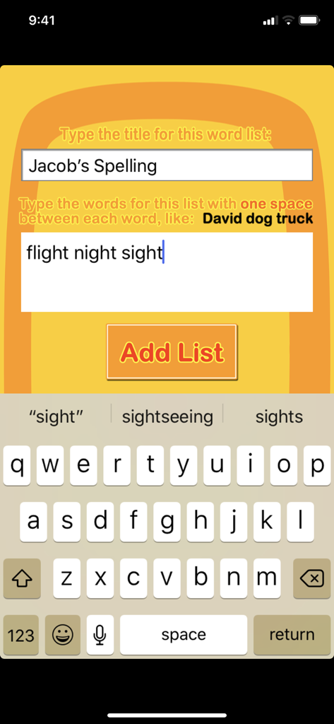 Cursive Touch and Write - Screen for creating a personalized spelling list in the Cursive Touch and Write mobile app.