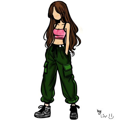 girl in baggy pants crop top and long hair