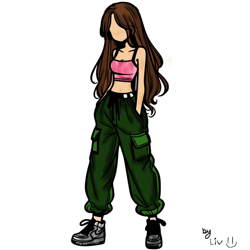girl in baggy pants crop top and long hair
