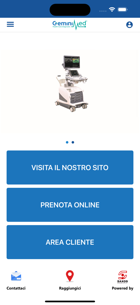 Écran d'accueil de l'application mobile Gemini Med avec des boutons pour la réservation en ligne et l'accès au portail client