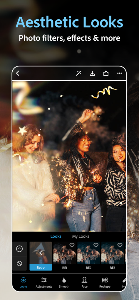 Interfaz de la aplicación Photoshop Express mostrando filtros de fotos estéticos y efectos en una foto de fiesta.