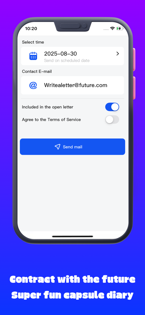 Interfaz de la aplicación SMS 2Number para programar una carta futura o una entrada de diario en cápsula.