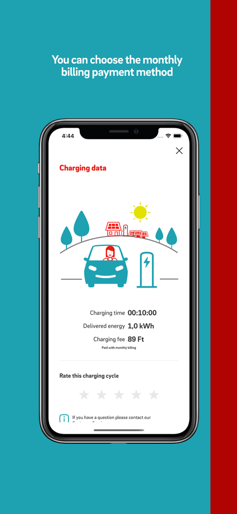 drivE.ON - Hungary - Smartphone screen showing charging time and energy data in the drivE.ON app with monthly billing info.