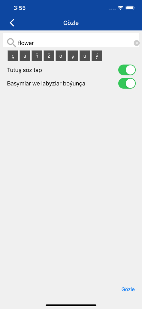Interface de pesquisa do aplicativo Dicionário Turcomeno-Inglês mostrando uma pesquisa pela palavra flor com atalhos de caracteres especiais