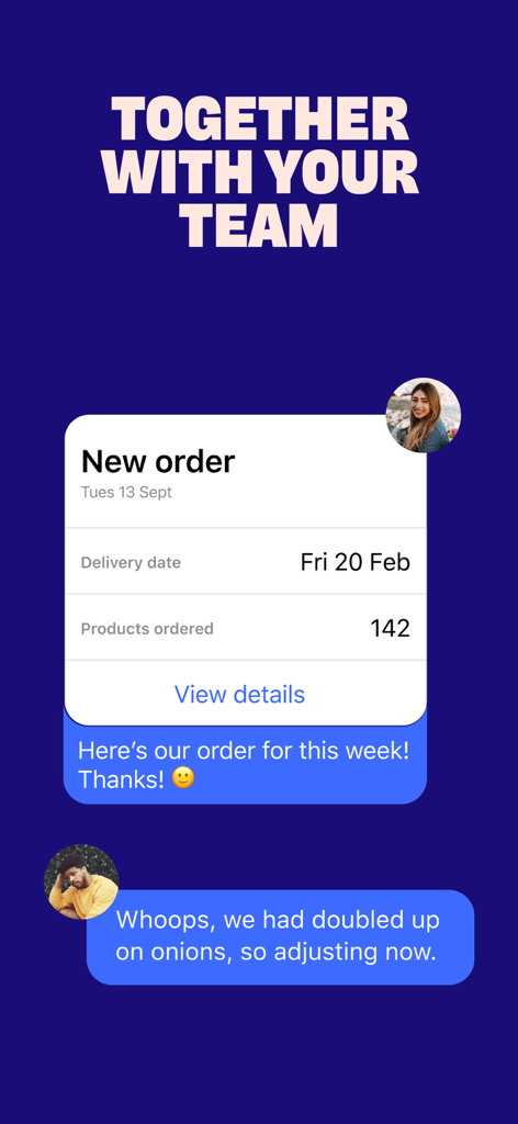 Choco - Choco app interface showing team members collaborating on a food supply order through a chat message interface.