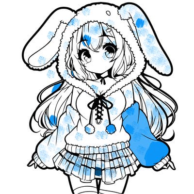 pretty anime girl wearing a fluffy hoodie with bunny ears on the hood and a skirt