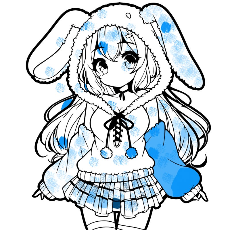 pretty anime girl wearing a fluffy hoodie with bunny ears on the hood and a skirt