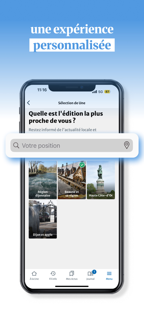Le Bien Public - Côte d'Or - Interface de l'application Le Bien Public montrant la sélection des éditions d'actualités locales pour les régions de la Côte d'Or comme Dijon et Beaune