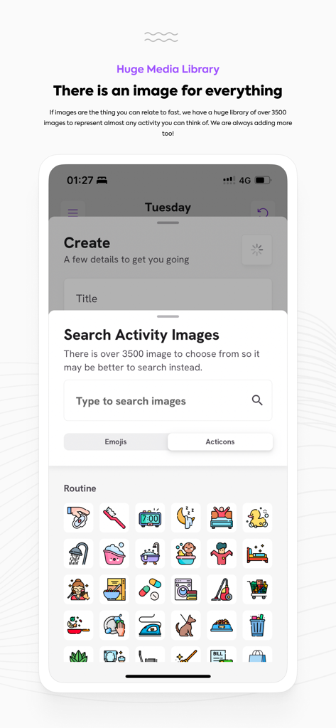 A searchable library of colorful activity icons for visual routine planning in the Thruday app
