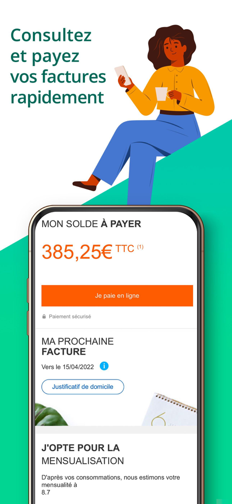 ENGIE Gaz Passerelle mobile app interface showing natural gas bill balance and online payment button