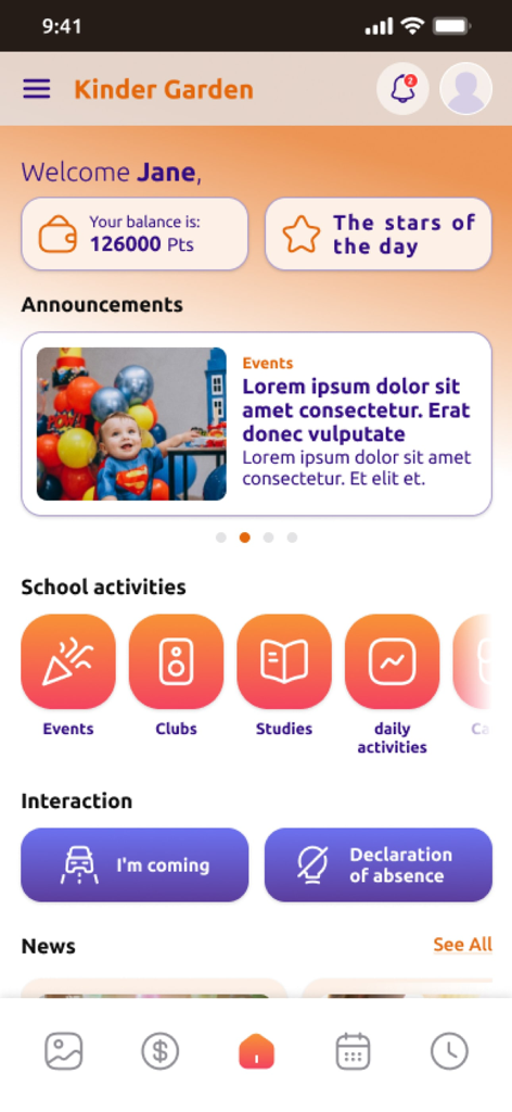 DigiKids - DigiKids mobile app dashboard displaying school activities, event announcements, and parental attendance controls.
