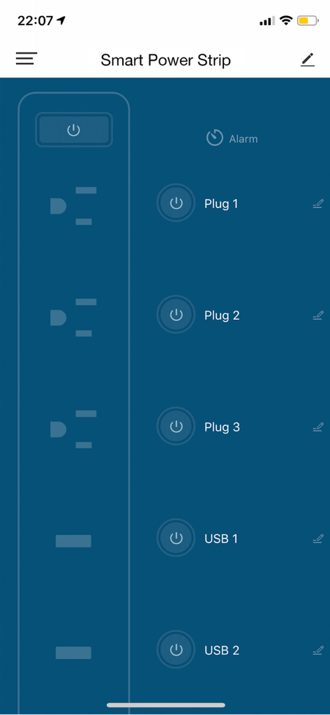 Nexxt Home app interface displaying power management controls for a smart power strip with individual plug and USB port switches