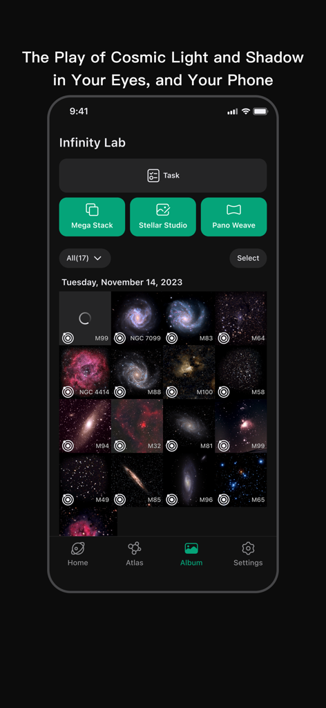 DWARFLAB - DWARFLABアプリのInfinity Labインターフェース。画像スタッキングツールを備えた、キャプチャされた銀河や星雲のギャラリーを表示しています。